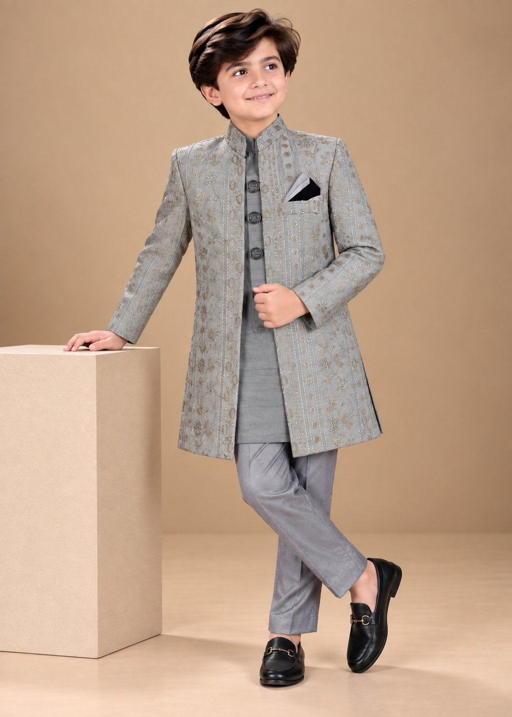 Dark Grey Sherwani With Kurta Set - S105