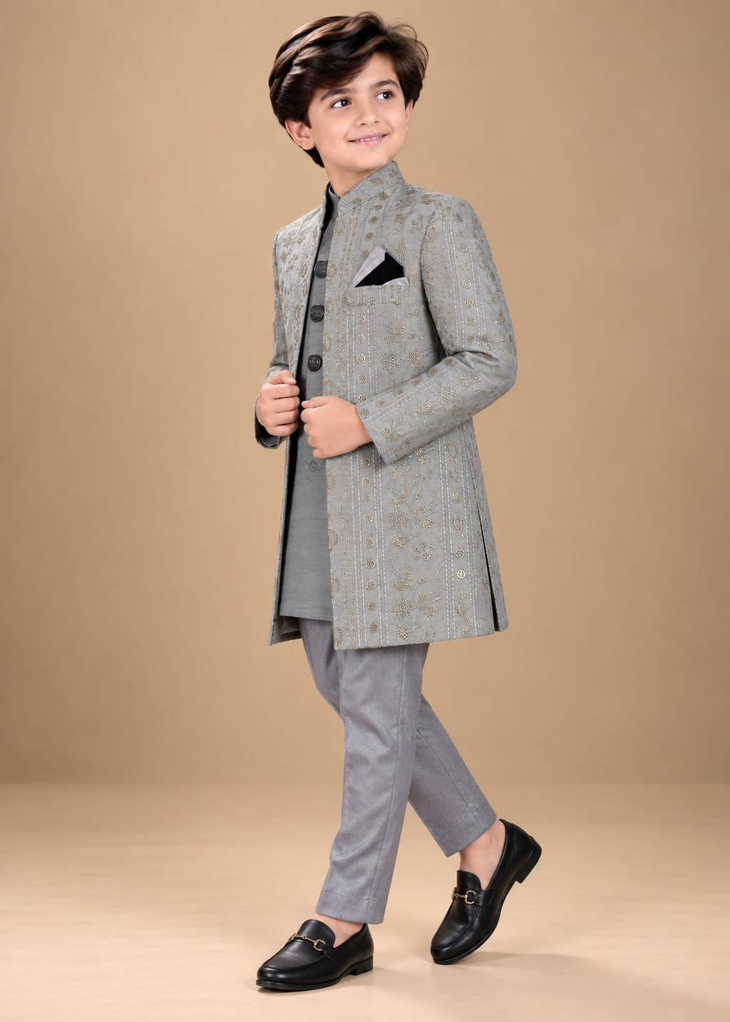 Dark Grey Sherwani With Kurta Set - S105
