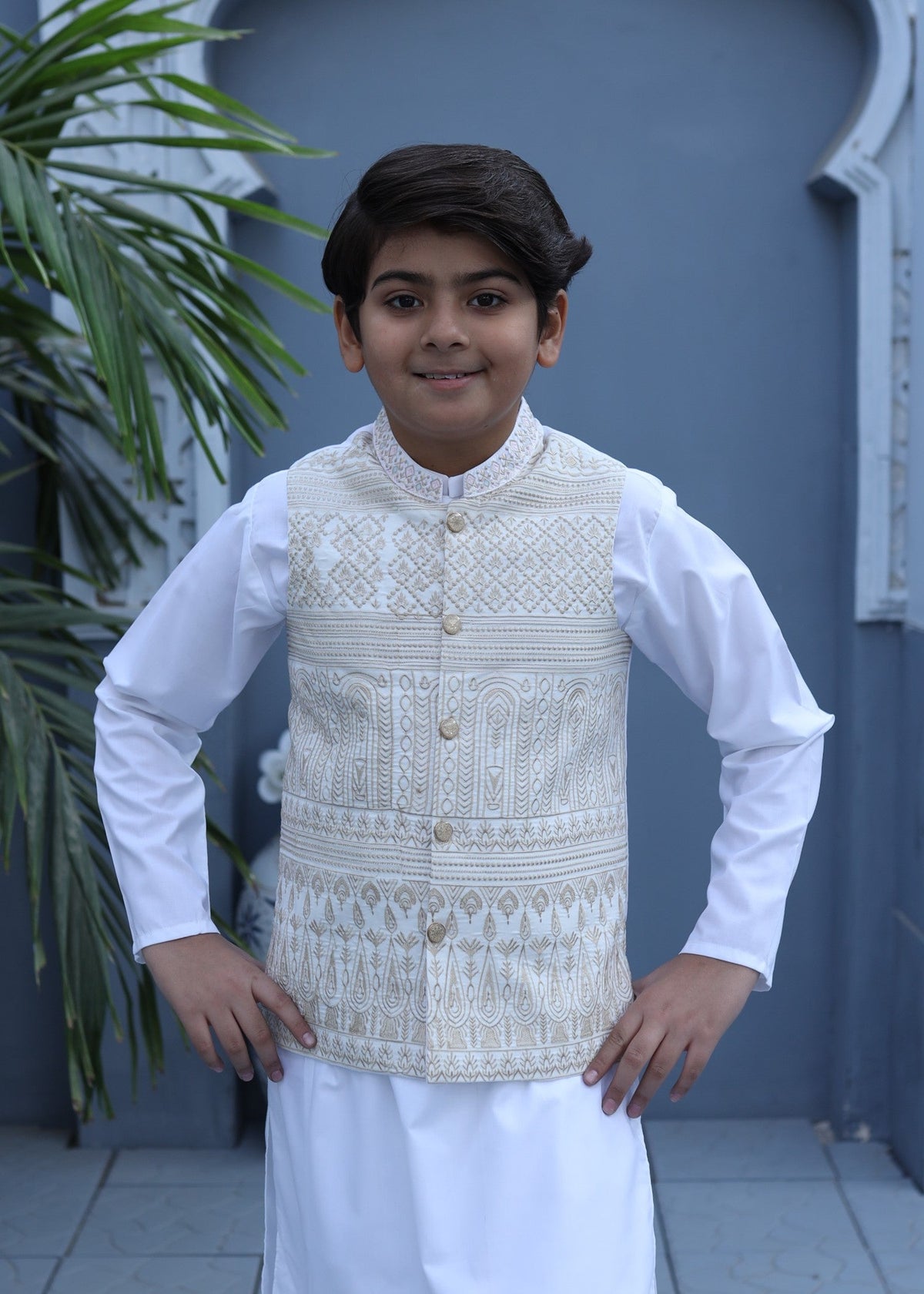 Floral White Waistcoat Suit-AHW-044