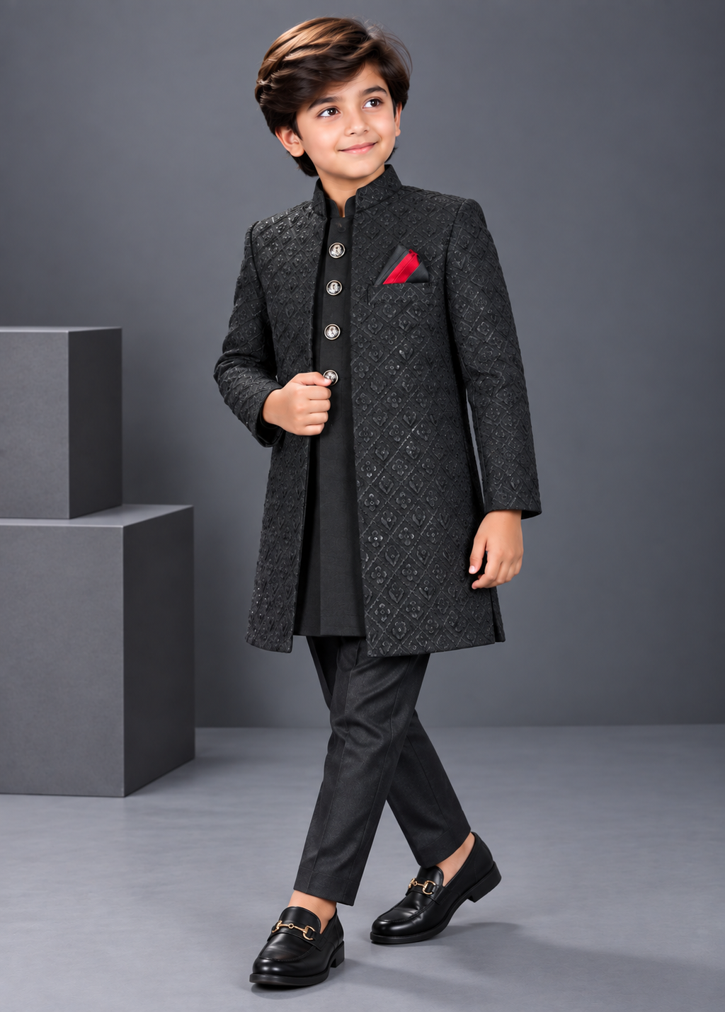 Smoke Black Sherwani With Kurta Set - S106