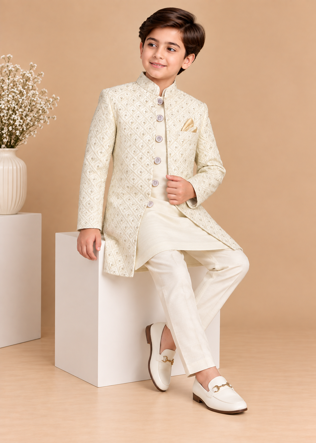 Cream Sherwani With Kurta Set - S108