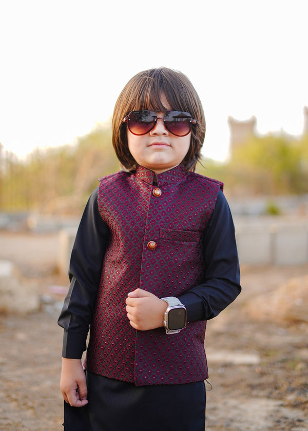 Maroon Waistcoat with Black Suit EW 54