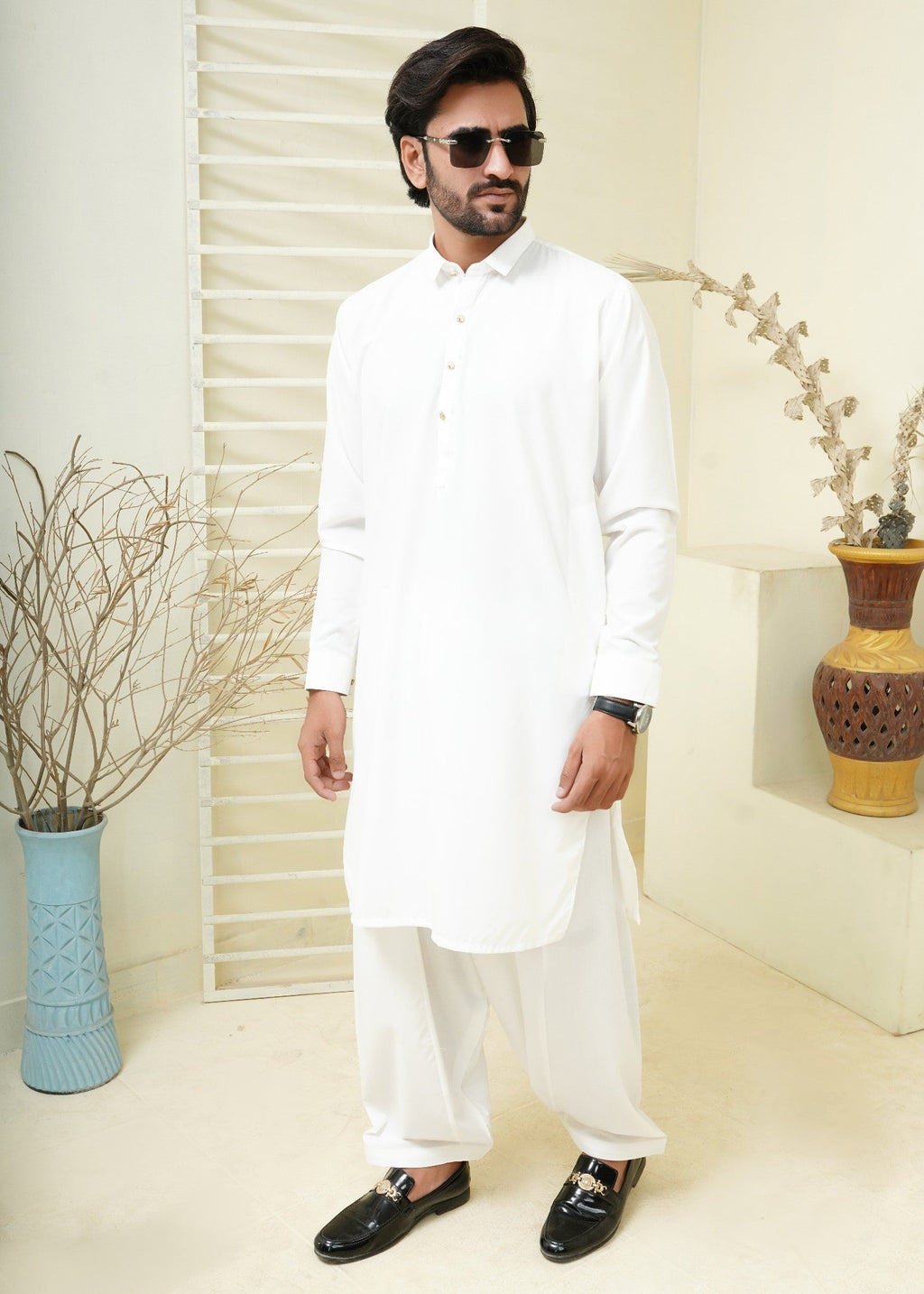 White Shirt Collar Kameez Shalwar with Metal Button- HM 001