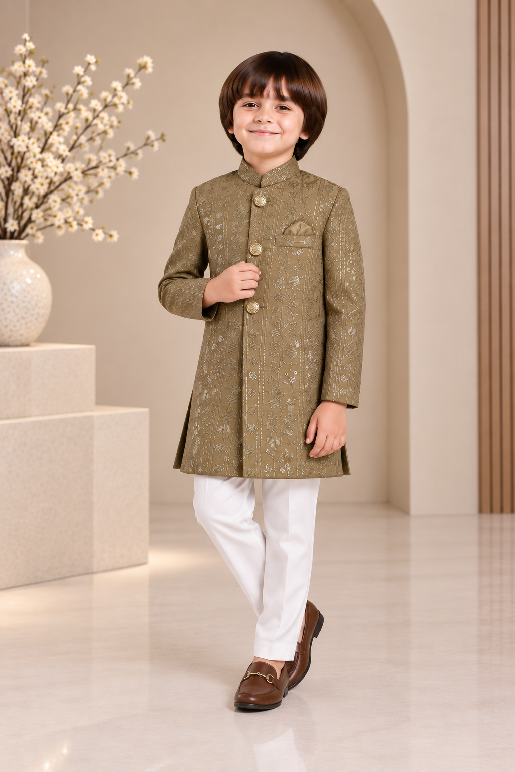 Olive Gold Sequence Sherwani - S102 Secondary image