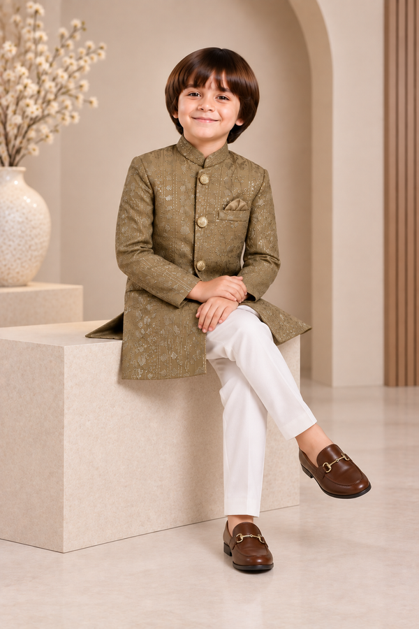 Olive Gold Sequence Sherwani - S102