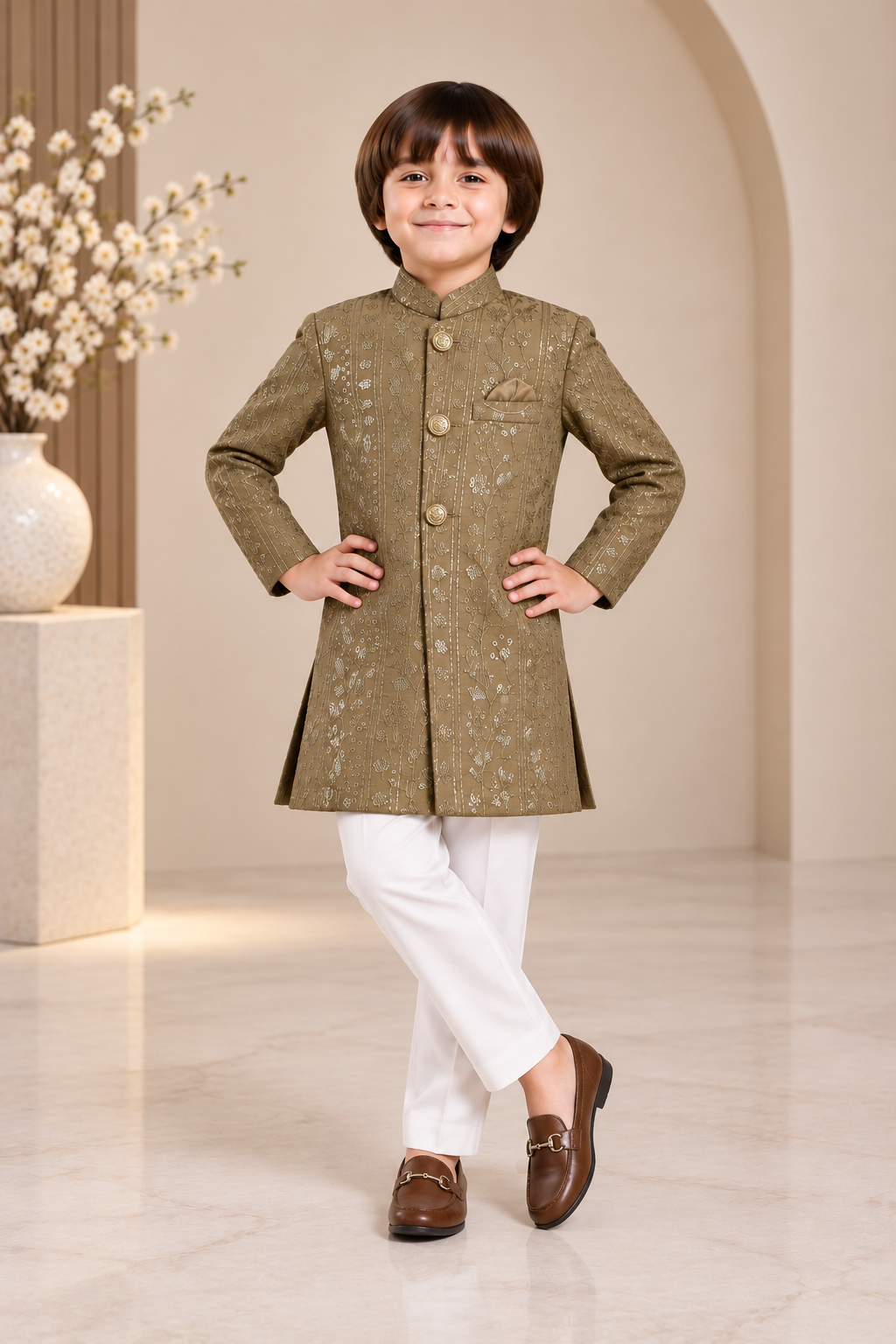 Olive Gold Sequence Sherwani - S102