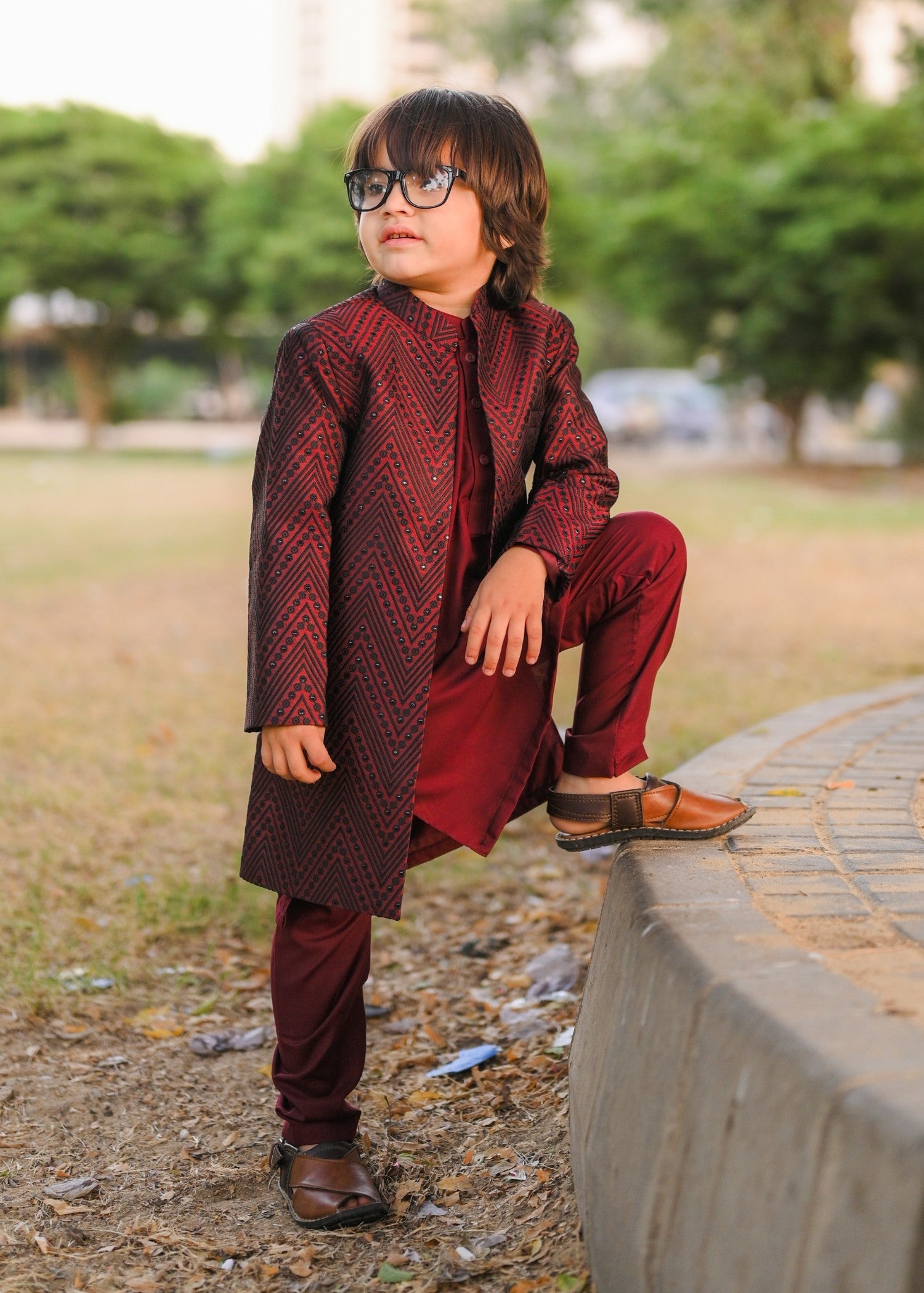 Maroon Open Long Sherwani -S12 Secondary image