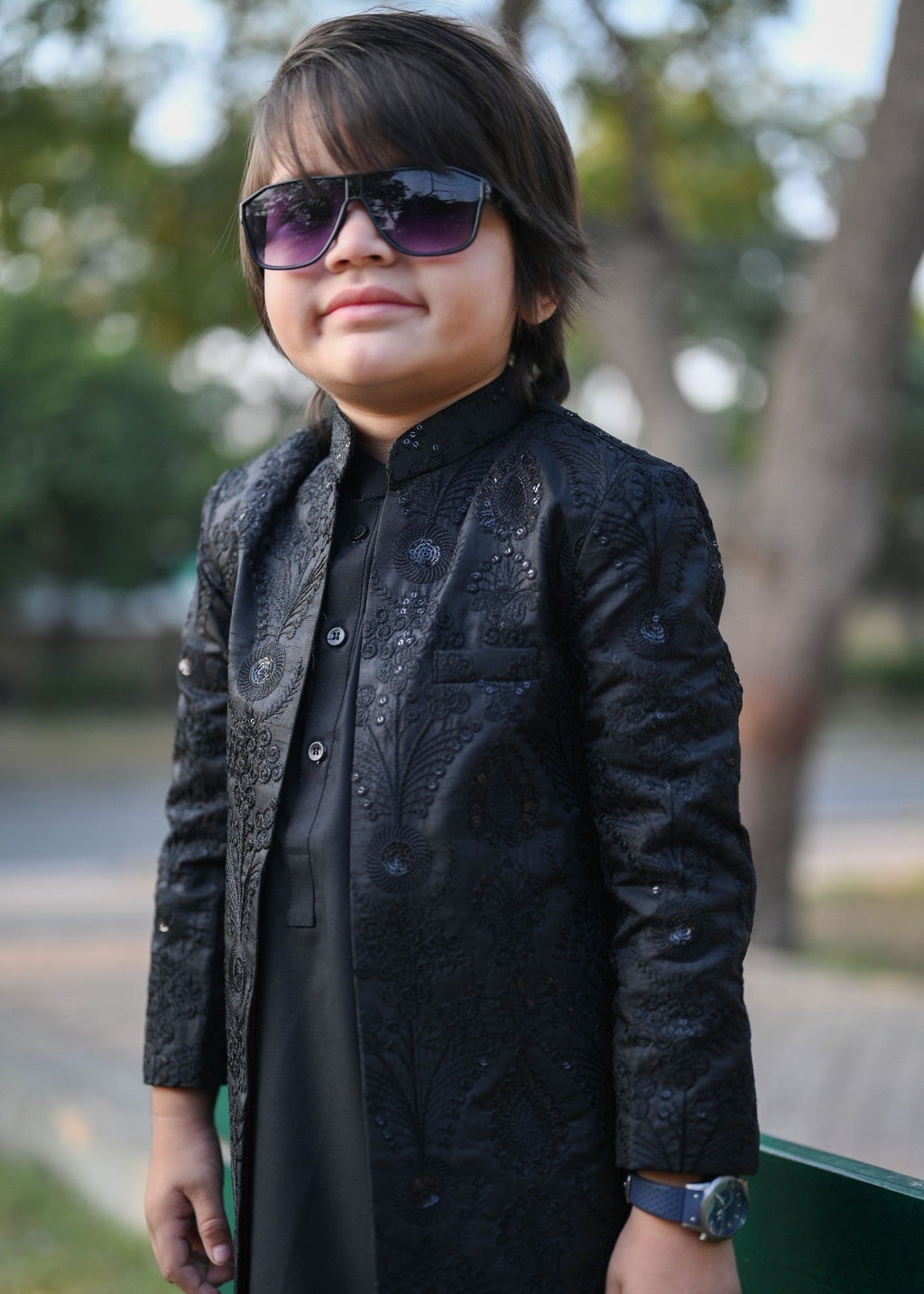 Black Open Long Sherwani -S13