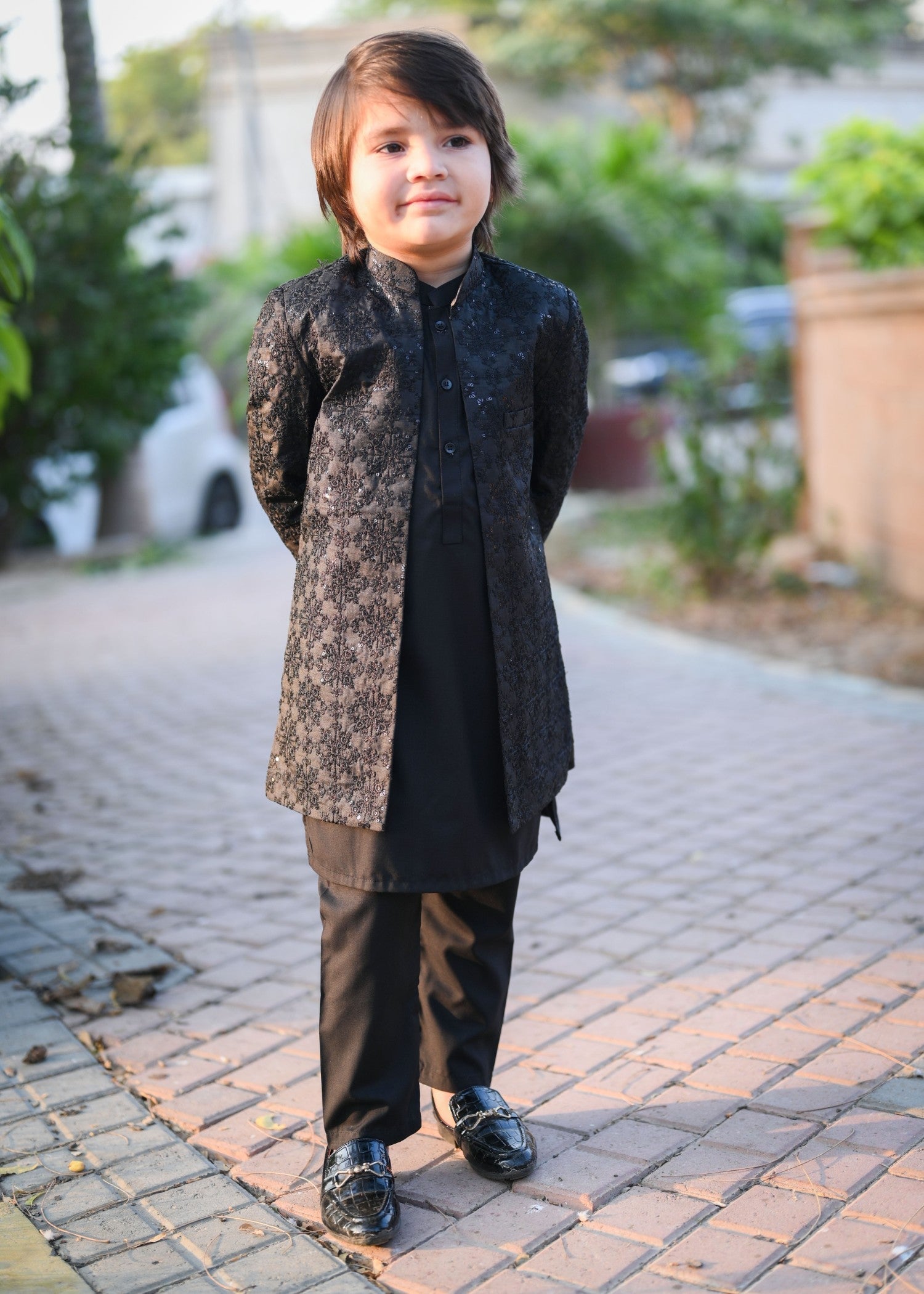 Black Sequence Open Long Sherwani -S18 Secondary image