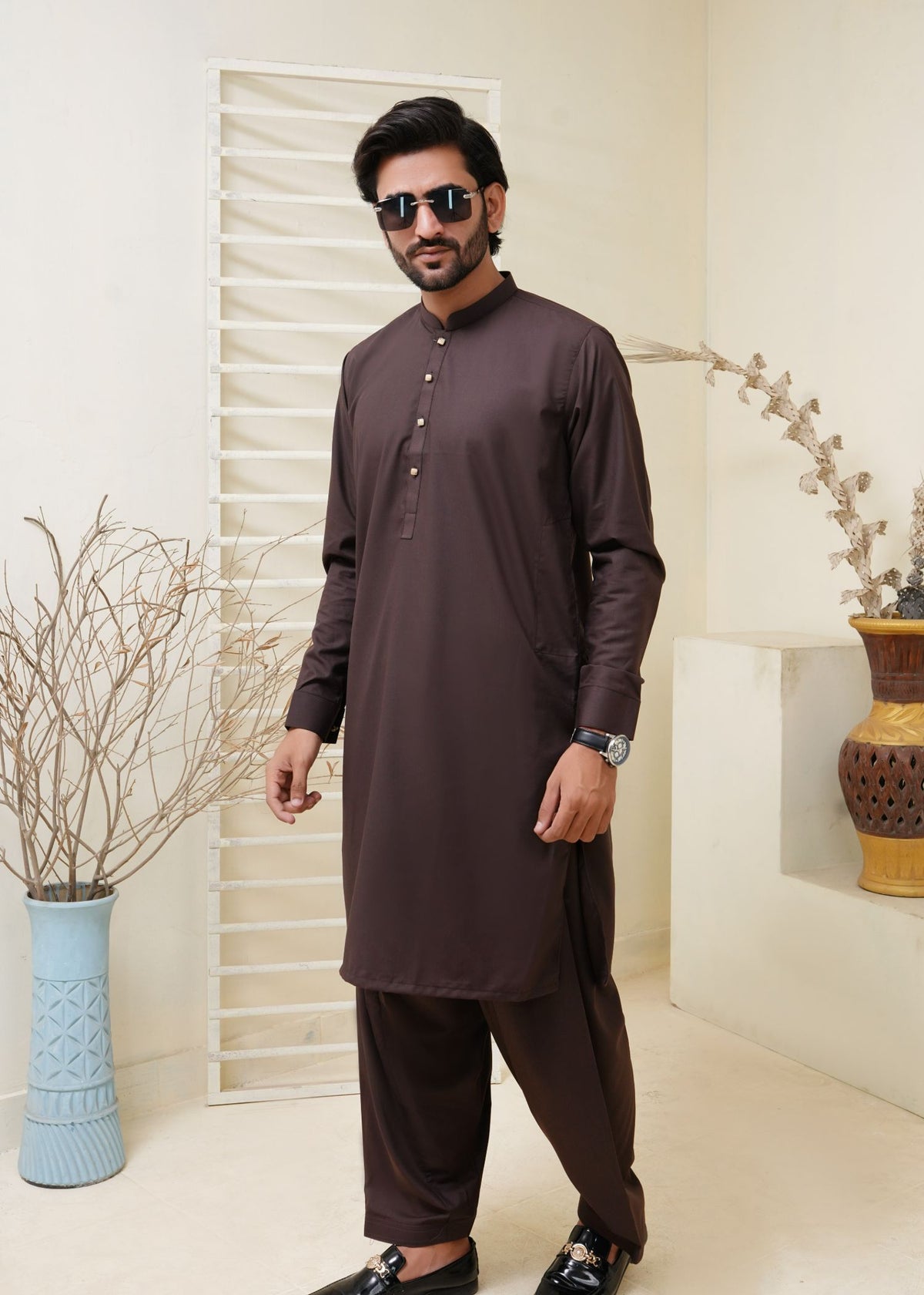 Dark Brown Kameez Shalwar with Metal Button- HM 003 Main image