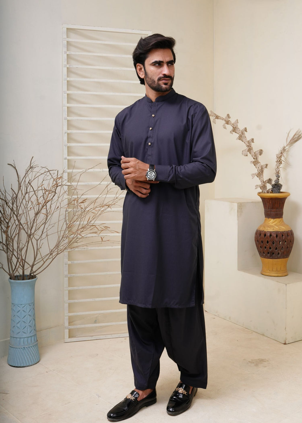 Navy Kameez Shalwar with Metal Button- HM 006