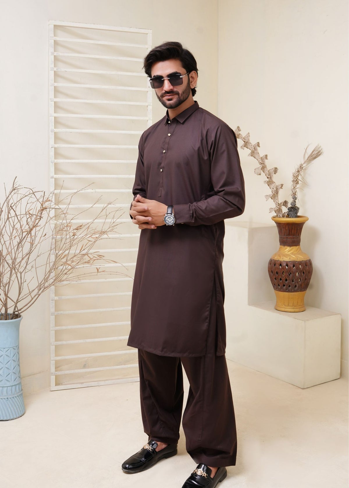 Dark Brown Shirt Collar Kameez Shalwar with Metal Button- HM 008 Main image