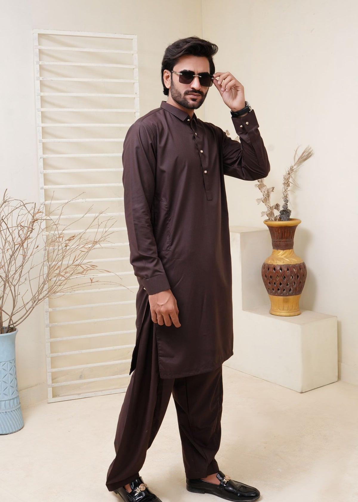 Dark Brown Shirt Collar Kameez Shalwar with Metal Button- HM 008