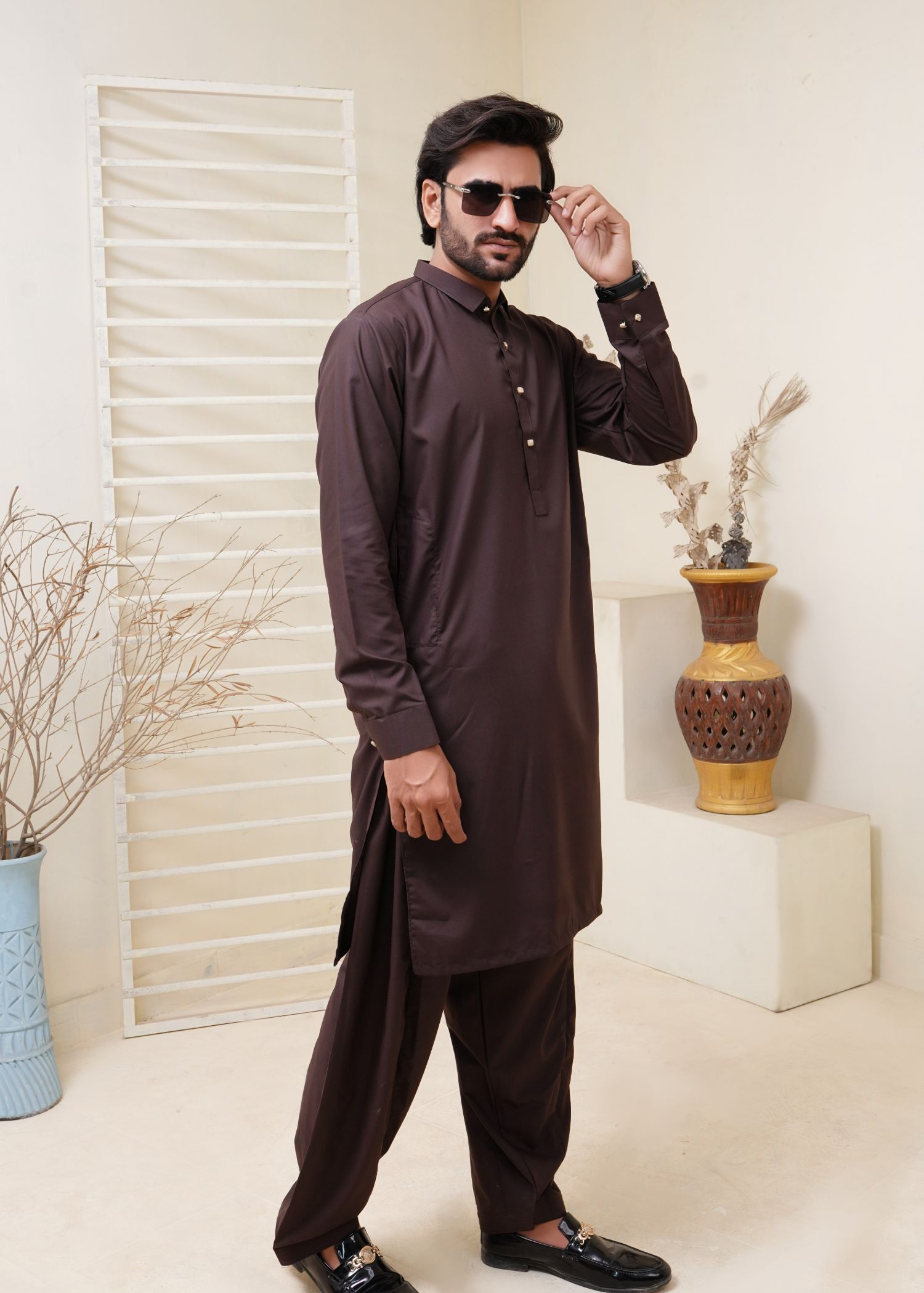 Dark Brown Shirt Collar Kameez Shalwar with Metal Button- HM 008 Secondary image
