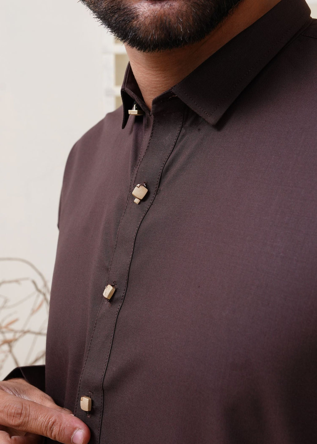 Dark Brown Shirt Collar Kameez Shalwar with Metal Button- HM 008