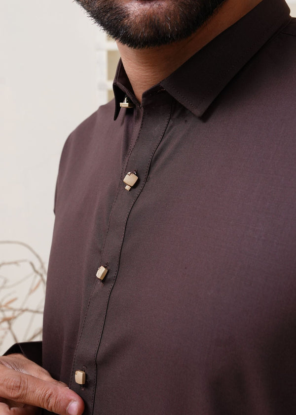 Dark Brown Shirt Collar Kameez Shalwar with Metal Button- HM 008
