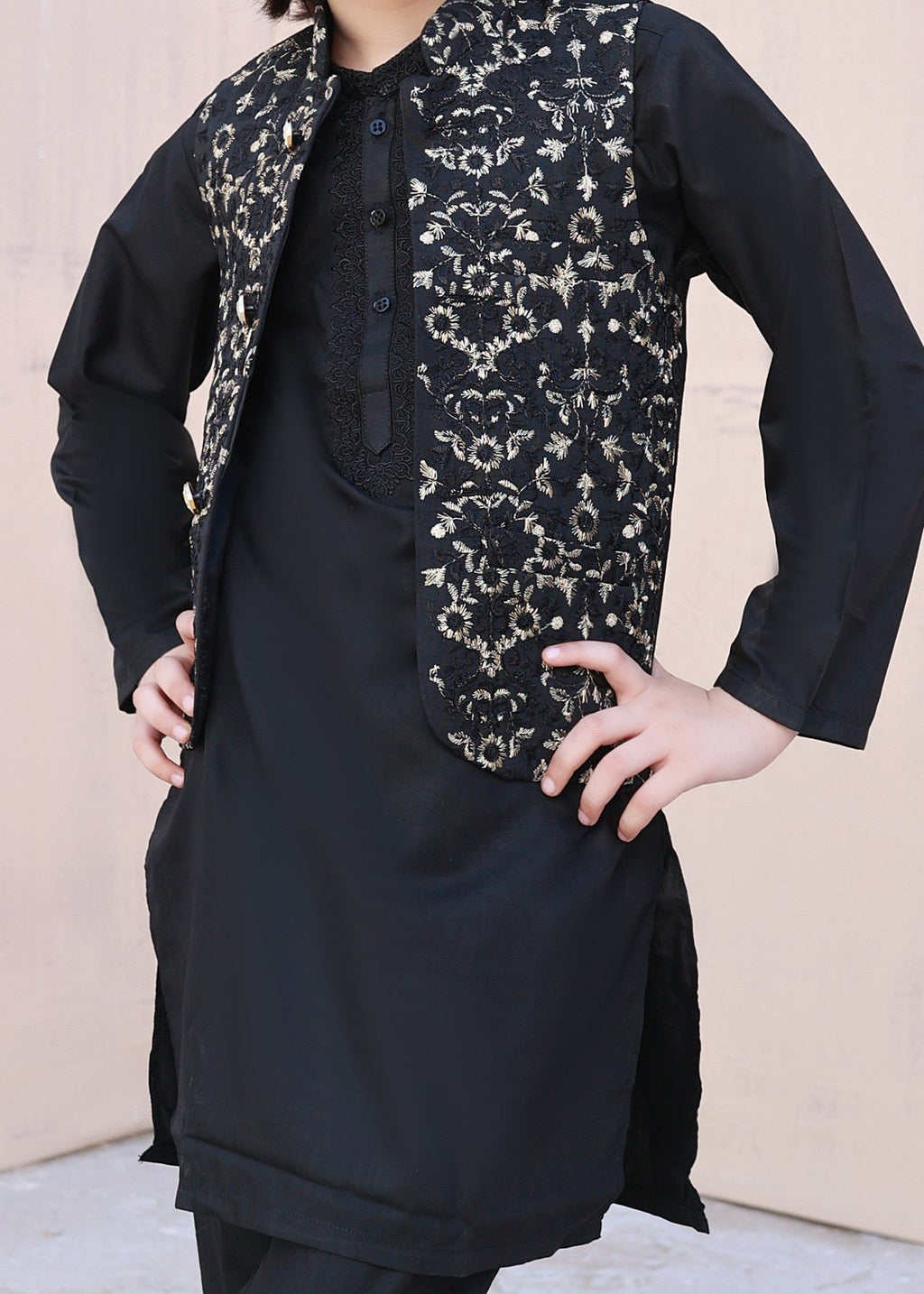 Leaf Black Embroidered Only Waistcoat - V26