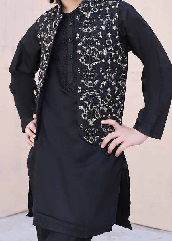 Leaf Black Embroidered Only Waistcoat - V26