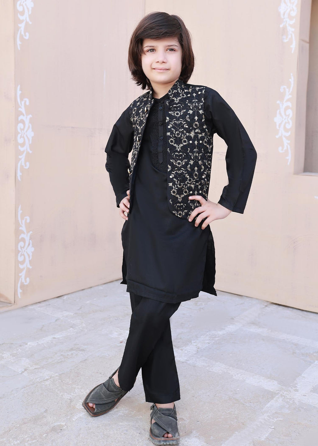 Leaf Black Embroidered Only Waistcoat - V26