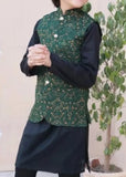 Leaf Green Embroidered Waistcoat Suit - V25